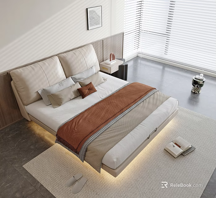 Modern Double Bed With Upholstered Headboard Brown Blanket Pillows Bedside Table Rug And Blinds 3d model 