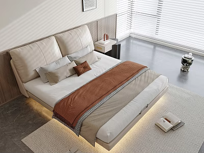 Modern Double Bed With Upholstered Headboard Brown Blanket Pillows Bedside Table Rug And Blinds 3d model