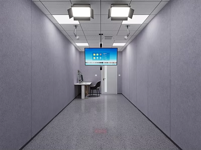 School Corridor With Gray Walls Ceiling Lights Display Screen Desk And Chair 3d model