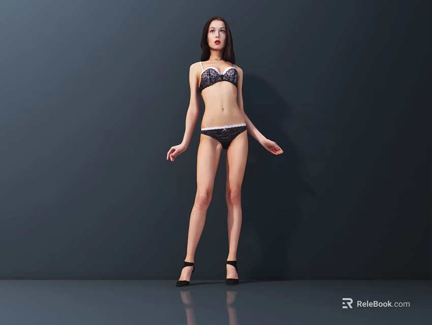 Woman in Black Lace Lingerie Standing on Shiny Floor Against Gray Background With High Heels 3d model 