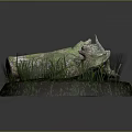 Natural Wooden Log Covered With Green Moss And Surrounded By Fresh Grass On Dirt Base