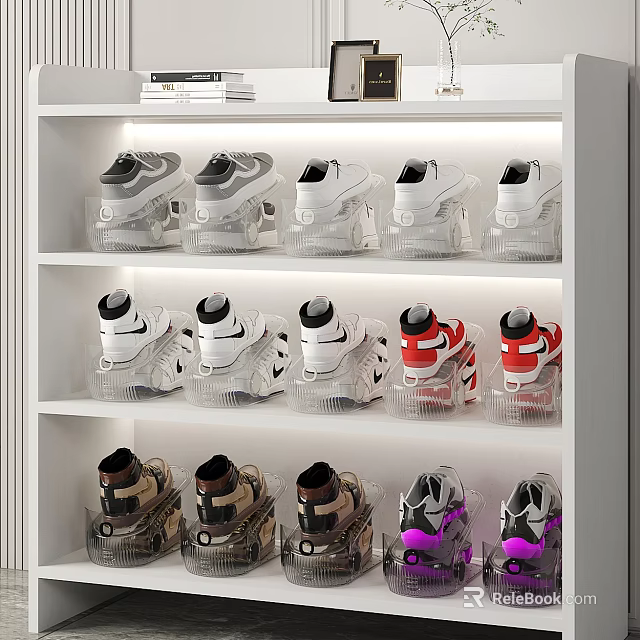 Organized Sneakers Collection On White Shelves With Transparent Cases And Various Colors 3d model 