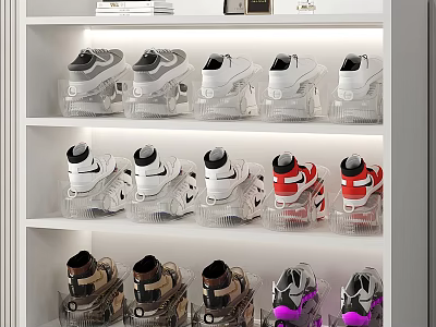 Organized Sneakers Collection On White Shelves With Transparent Cases And Various Colors 3d model