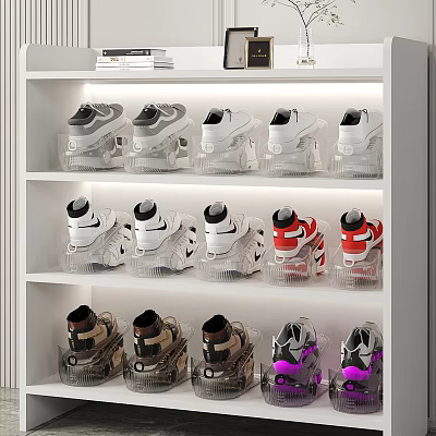 Organized Sneakers Collection On White Shelves With Transparent Cases And Various Colors 3d model