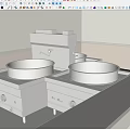 Stainless Steel Open Kitchen Setup With Large Pots Black Marble Countertop And White Tiled Wall