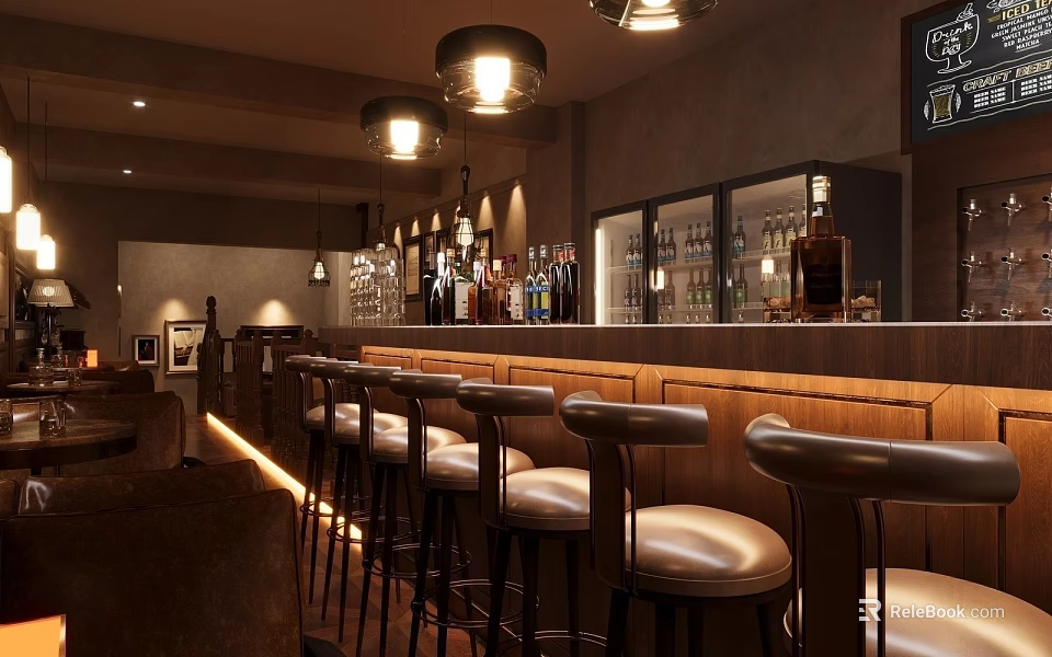 Modern Tea Break Area Interior With Bar Counter Stools And Drinks Display Lighting 3d model 