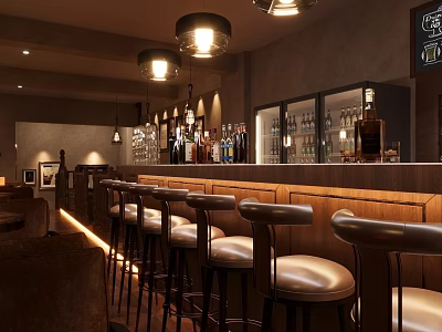 Modern Tea Break Area Interior With Bar Counter Stools And Drinks Display Lighting 3d model