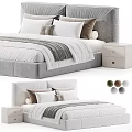 Modern Upholstered Double Bed With Multiple Pillows Striped Bedspread Nightstand And Color Options