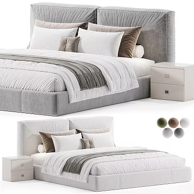Modern Upholstered Double Bed With Multiple Pillows Striped Bedspread Nightstand And Color Options 3d model