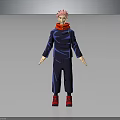 Anime Fantasy Creature Character With Pink Hair Red Scarf Blue Outfit And Red Shoes