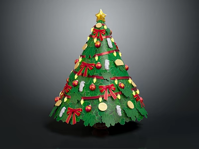 Festive Decorated Christmas Tree Plant With Gold Star Red Bows And Colorful Ornaments 3d model