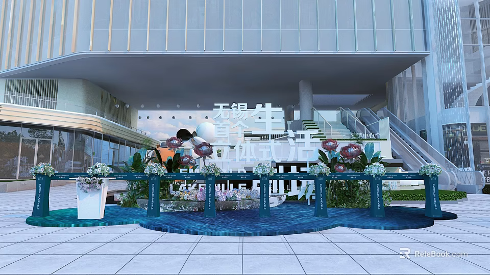 Modern Building Entrance Area With Decorative Flowers Water Pool Steps And Glass Curtain Wall 3d model 