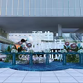 Modern Building Entrance Area With Decorative Flowers Water Pool Steps And Glass Curtain Wall