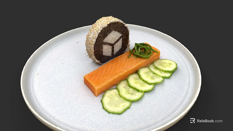 Fresh Salmon Slices With Cucumber And Sesame Rice Roll On White Plate 3d model 