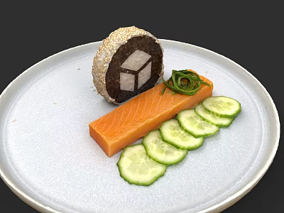 Fresh Salmon Slices With Cucumber And Sesame Rice Roll On White Plate 3d model