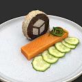 Fresh Salmon Slices With Cucumber And Sesame Rice Roll On White Plate