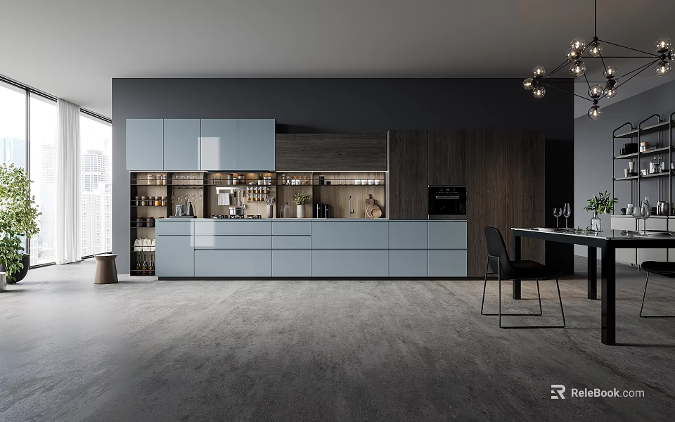 Modern Kitchen Interior With Gray Cabinets Wooden Elements Island Counter And Open Layout 3d model 