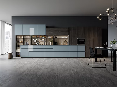 Modern Kitchen Interior With Gray Cabinets Wooden Elements Island Counter And Open Layout 3d model
