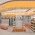 Supermarket Retail Interior With Drinks Section Import Snacks Shelves And Fruits Display Refrigerators