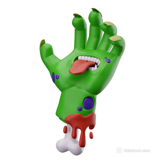 Halloween Style Green Hand Shaped Decorative Ornament With Tongue Purple Spots And Red Dripping Liquid 3d model 