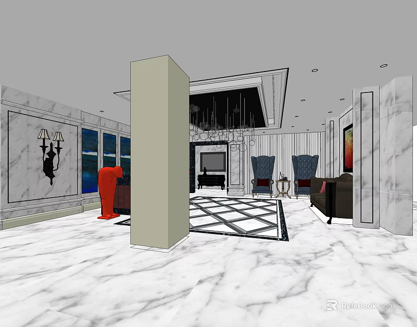 Hotel Lobby Interior With Marble Floor Chandelier Sofa Chairs Columns And Decorative Paintings 3d model 