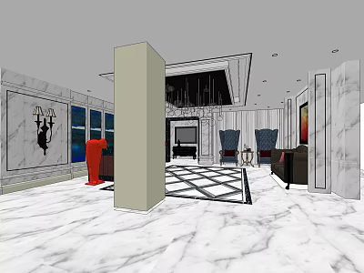 Hotel Lobby Interior With Marble Floor Chandelier Sofa Chairs Columns And Decorative Paintings 3d model
