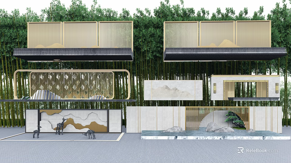 Modern Scenic Wall Design With Bamboo Mountain Pattern And Stone Features 3d model