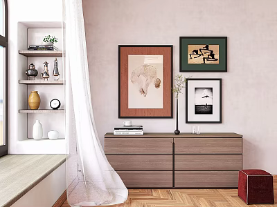 Interior Decor With Wall Art Bookshelf Drawer Cabinet And Wooden Floor 3d model