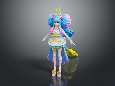 Vibrant 3D Game Anime Character With Pink Blue Long Hair Golden Crown And White Blue Skirt 3d model