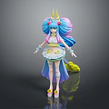 Vibrant 3D Game Anime Character With Pink Blue Long Hair Golden Crown And White Blue Skirt