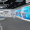 Modern Tech Exhibition Hall With Central Holographic Projection Column And Interactive Displays