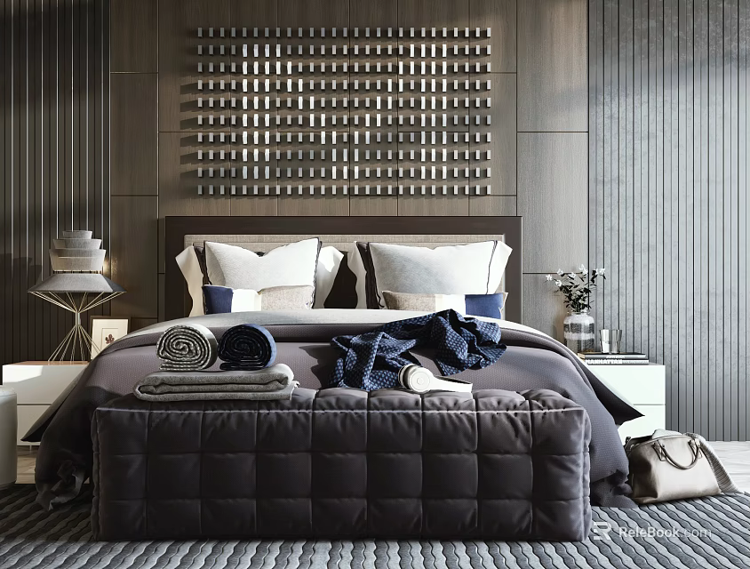 Double Bed In Modern Bedroom With Wooden Panel Background Bedside Tables And Upholstered Bench 3d model 