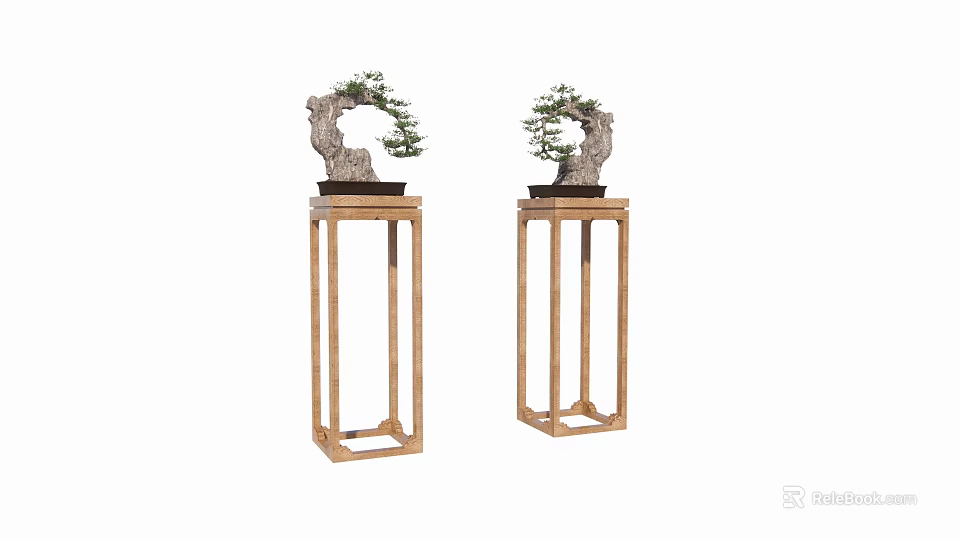 Two Wooden Square Frame Plant Stands With Bonsai Trees On Top 3d model 