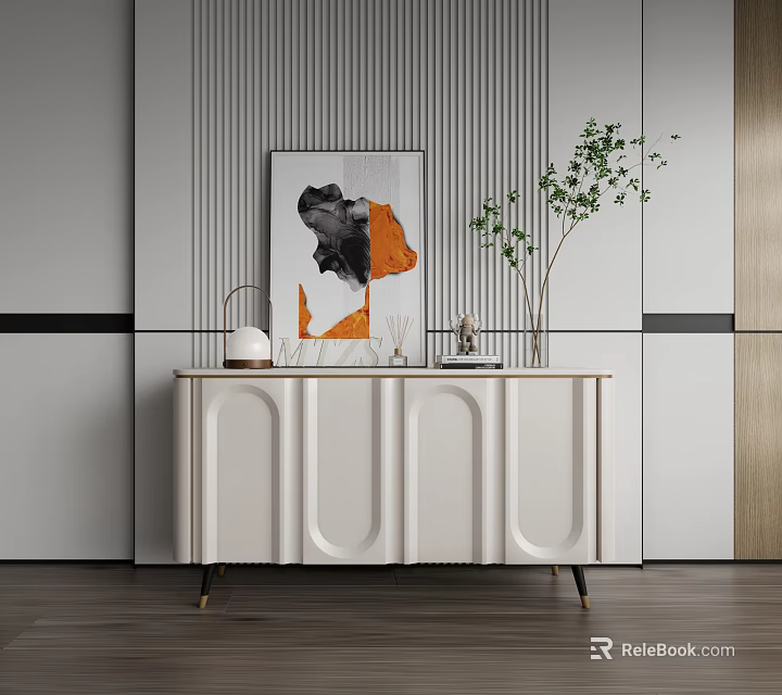 Modern Entryway Console Cabinet With White Curved Design Gold Legs Green Plant And Artwork 3d model 