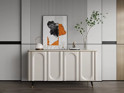 Modern Entryway Console Cabinet With White Curved Design Gold Legs Green Plant And Artwork 3d model