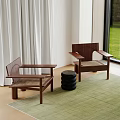 Modern Accent Chairs With Wooden Frame Woven Seats And Black Stool On Green Rug