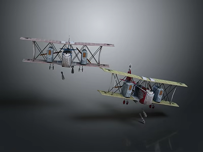Vintage Biplanes Model Display Featuring Two Classic Aircraft With Open Wings 3d model