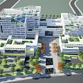 Modern Office Building Complex With Green Roof Surrounding Trees And Parking Area