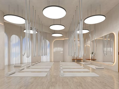 Yoga Studio with Aerial Yoga Hammocks Mats Mirrors Arched Windows and Bright Lighting 3d model
