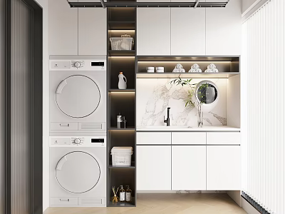 Home Balcony Design with Washing Machine and Dryer White Cabinets Marble Countertop and Green Plant 3d model