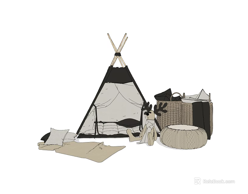 Cozy Tepee Tent Setup With Soft Pillows Mats And Storage Baskets 3d model 