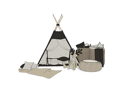 Cozy Tepee Tent Setup With Soft Pillows Mats And Storage Baskets 3d model
