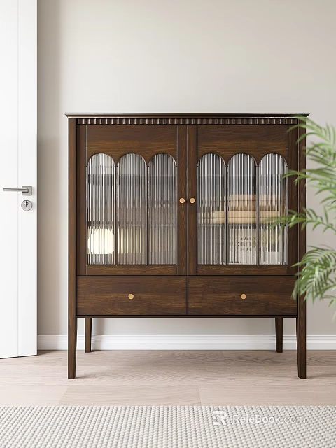 Dark Brown Wooden Sideboard With Arched Ribbed Glass Doors Brass Handle Drawers And Indoor Plant 3d model 
