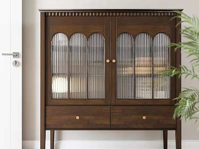 Dark Brown Wooden Sideboard With Arched Ribbed Glass Doors Brass Handle Drawers And Indoor Plant 3d model