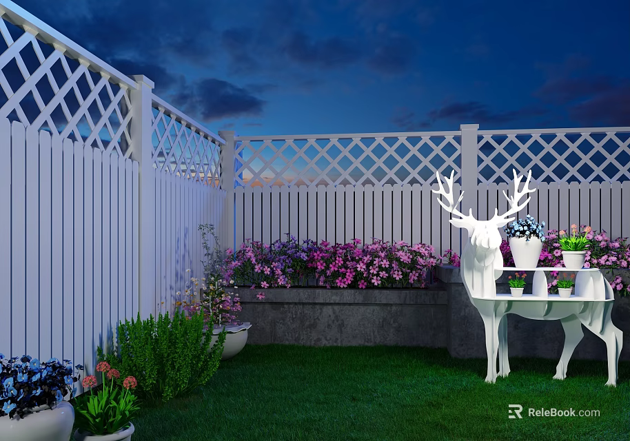 Charming Garden Landscape With White Lattice Fence Green Lawn Pink Purple Flowers Deer Shaped Decor 3d model 