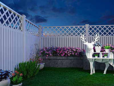 Charming Garden Landscape With White Lattice Fence Green Lawn Pink Purple Flowers Deer Shaped Decor 3d model
