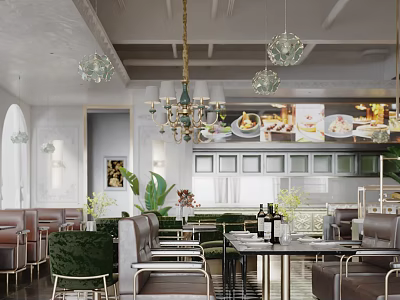 Elegant Light Luxury Restaurant Interior With Leather Seats Chandeliers And Green Plants 3d model