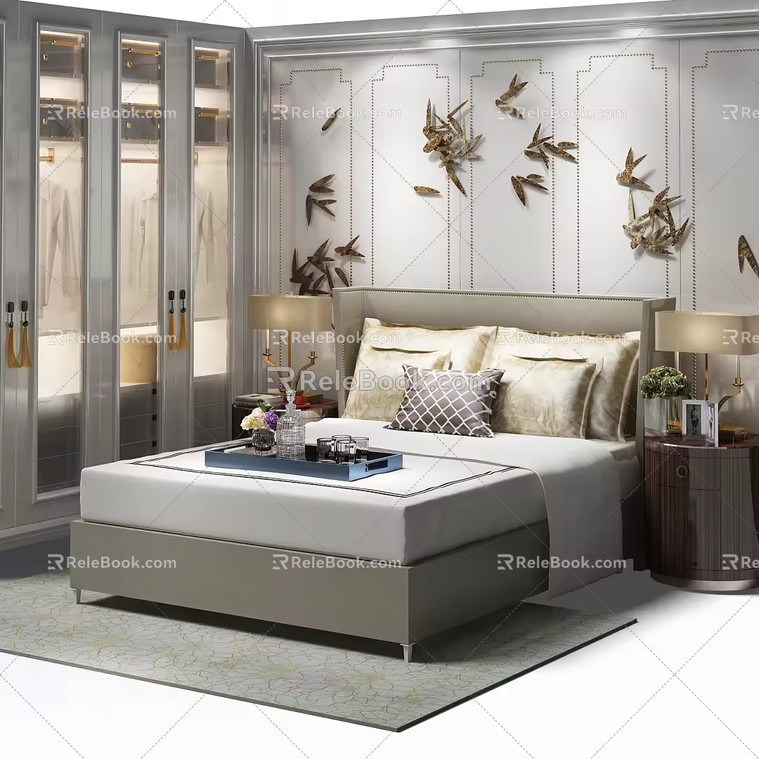 Modern background double bedside background wall 3d model