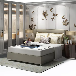 Modern background double bedside background wall 3d model