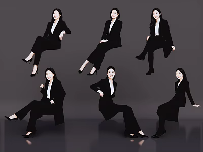 Multiple Women in Black Suits Showing Different Sitting Poses Against Gray Background 3d model